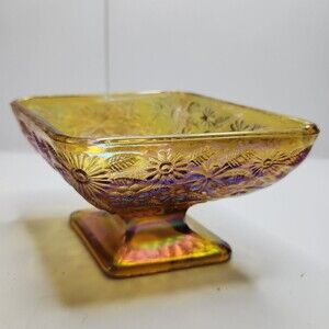 Vintage Iridescent Gold Carnival Glass Diamond Shaped Footed Candy Dish Floral